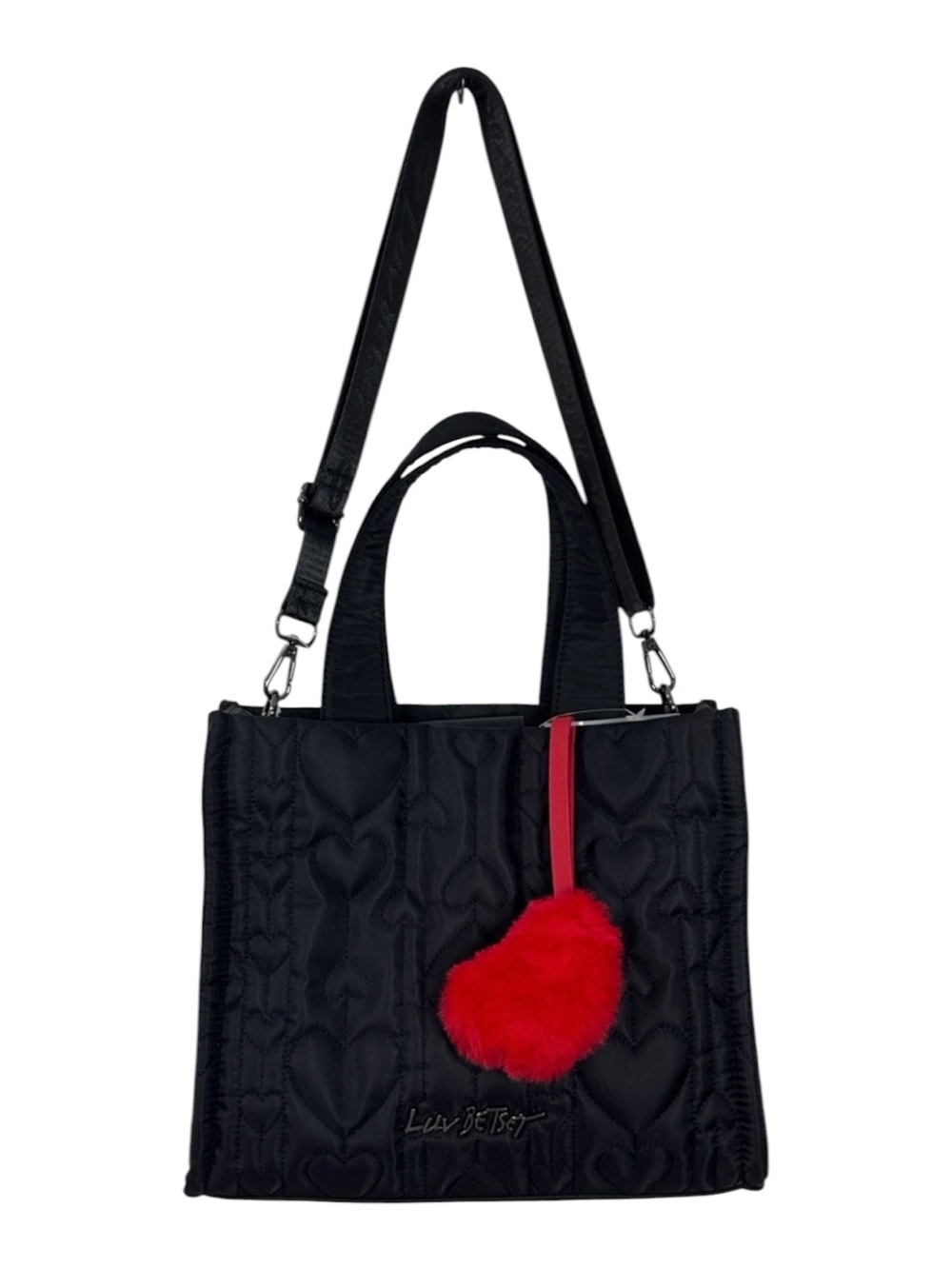 Luv Betsey Black Quilted Heart Tote with Red Heart Pom Accent - Size Medium